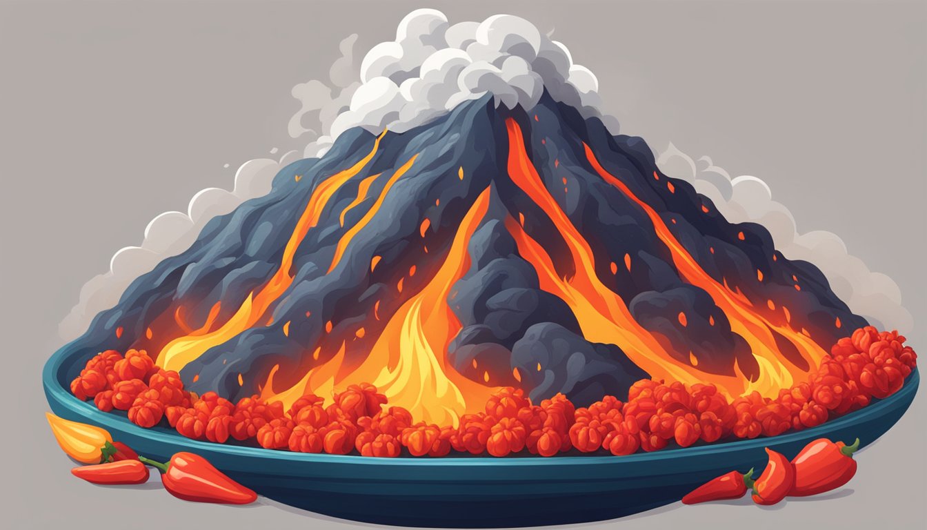 A bubbling volcano surrounded by fiery red peppers, emitting smoke and flames