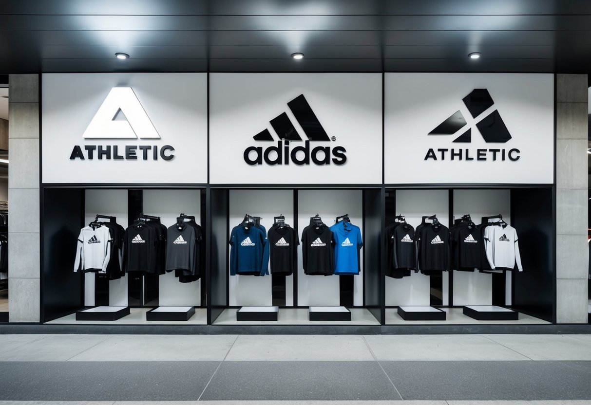 A modern, minimalist storefront with bold, clean logos of top athletic brands displayed on casual wear clothing and accessories