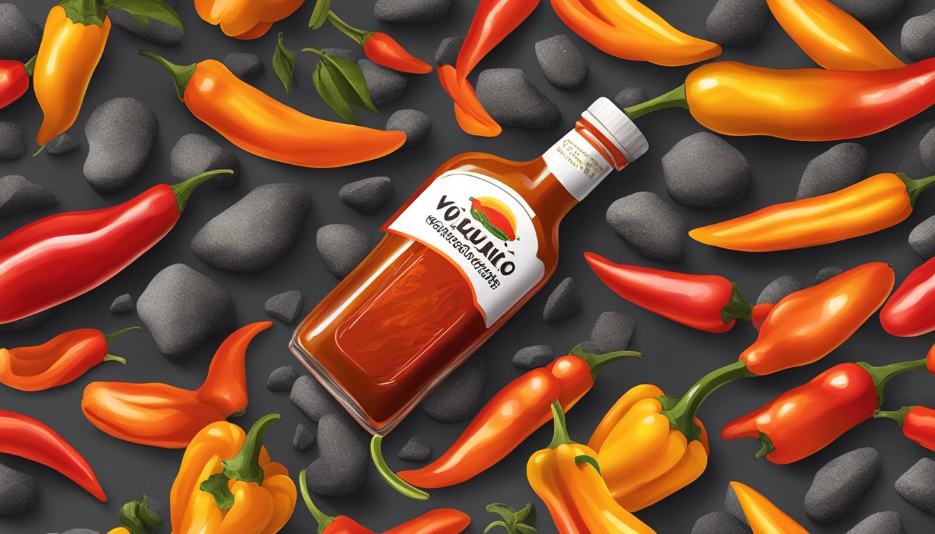 A bottle of Volcanic Peppers hot sauce surrounded by fiery red and orange peppers, with a backdrop of smoky volcanic rock