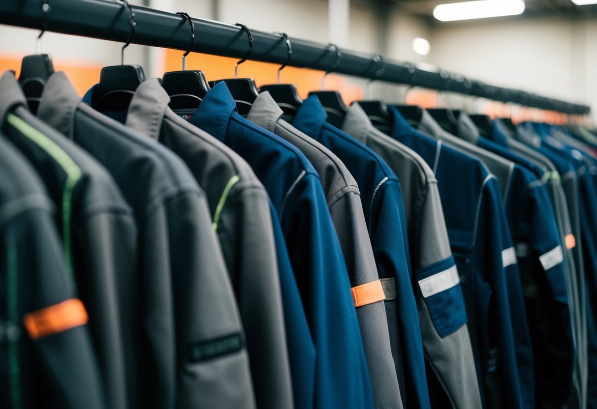 A row of durable workwear garments displayed on industrial racks