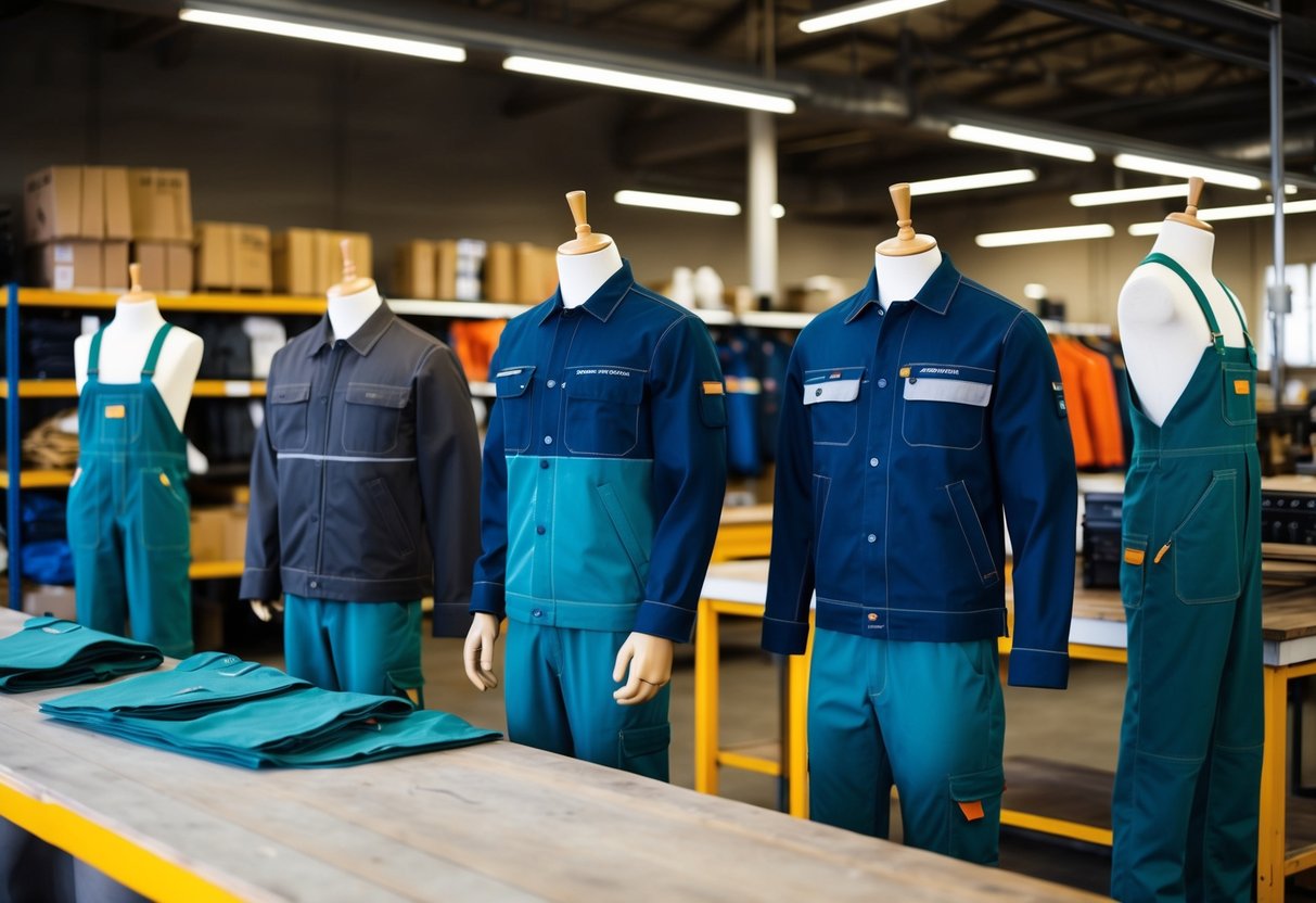 A workshop with durable workwear brands displayed on shelves and mannequins. Quality fabrics and sturdy construction are evident