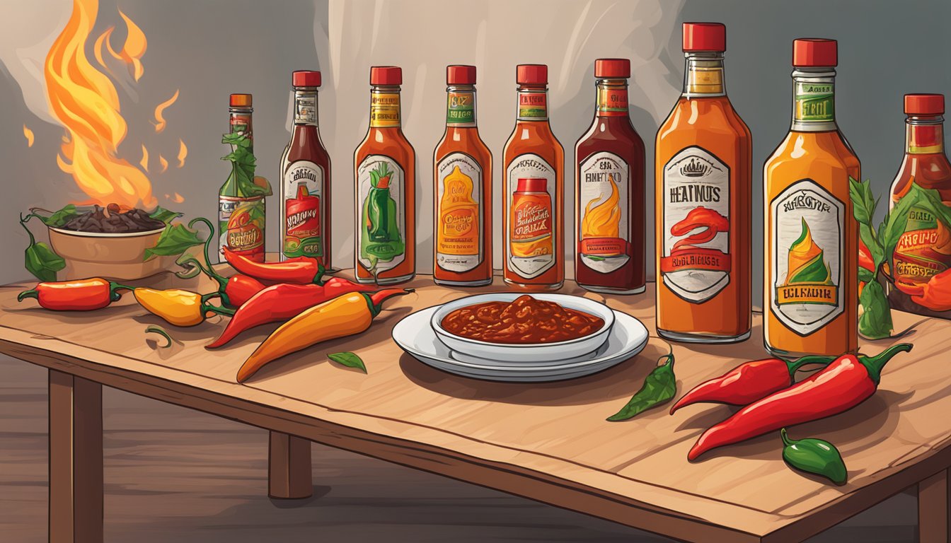 A table with various bottles of Heatonist hot sauce, surrounded by chili peppers and flames