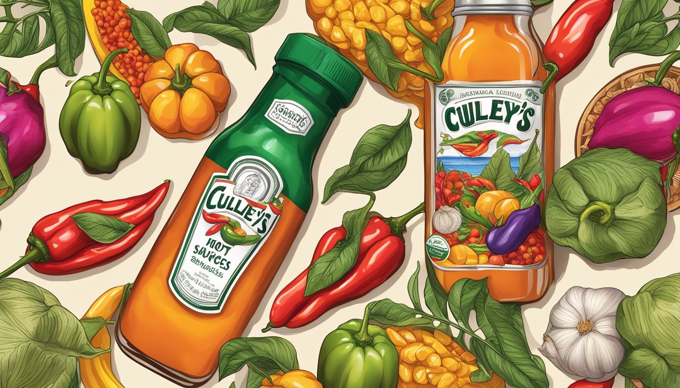 A bottle of Culley's hot sauce surrounded by vibrant and exotic ingredients like chili peppers, garlic, and tropical fruits