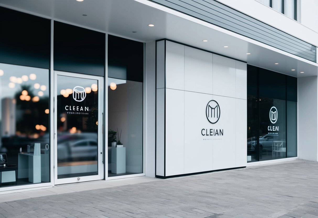 Clean, modern storefronts with simple, elegant logos. Monochromatic color schemes and sleek, uncluttered window displays