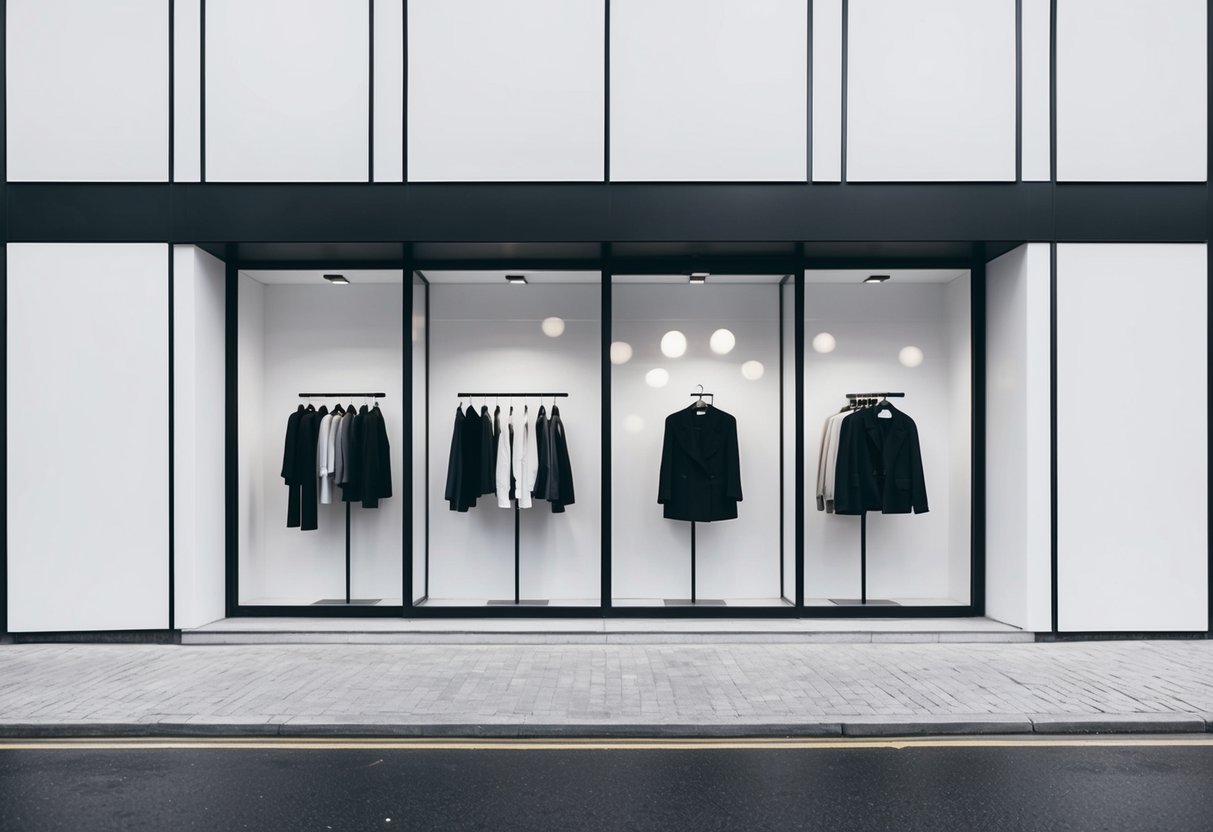 A simple, monochromatic storefront with clean lines and minimalistic display of clothing items