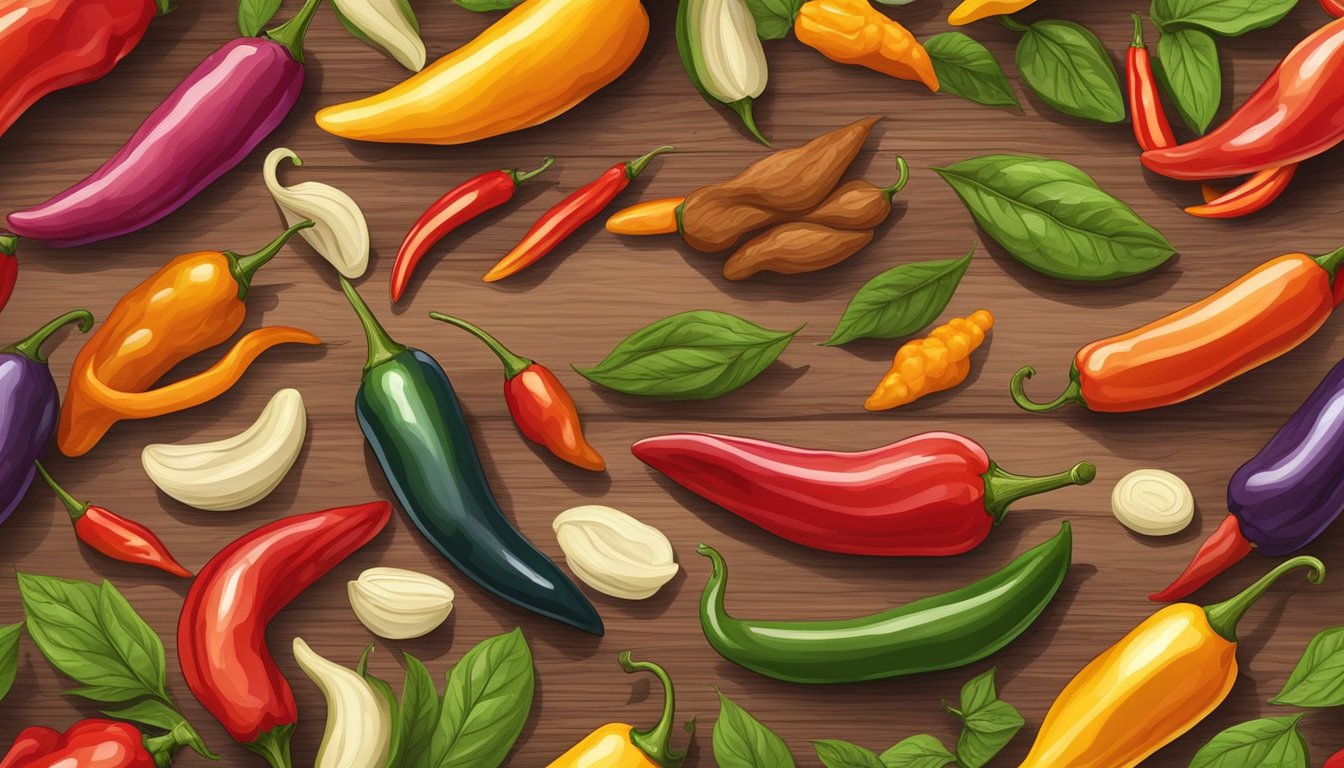 A variety of colorful and uniquely shaped hot peppers, seeds, and other ingredients are laid out on a wooden cutting board