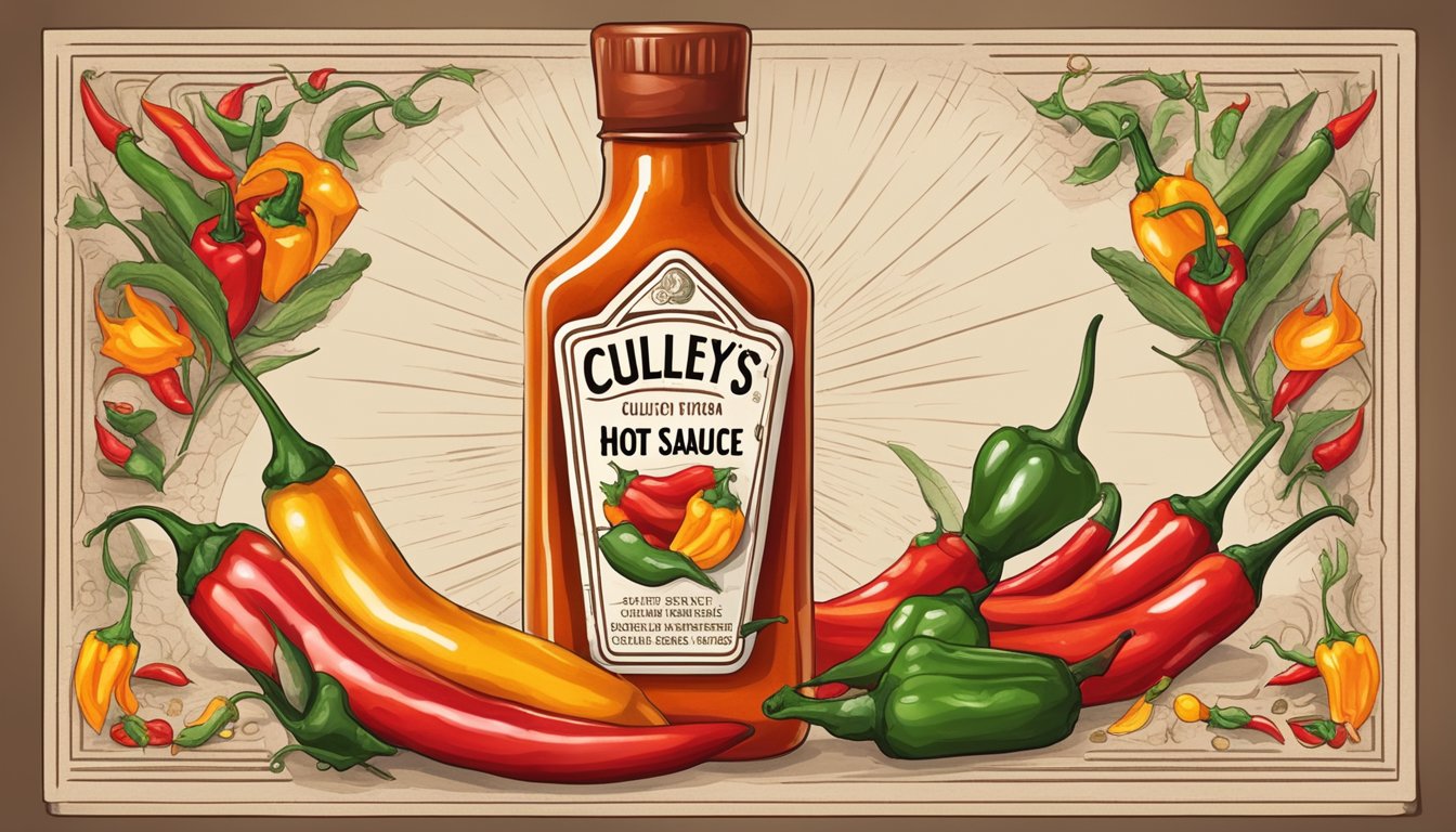 A bottle of Culley's hot sauce surrounded by fiery chili peppers and a Scoville scale thermometer