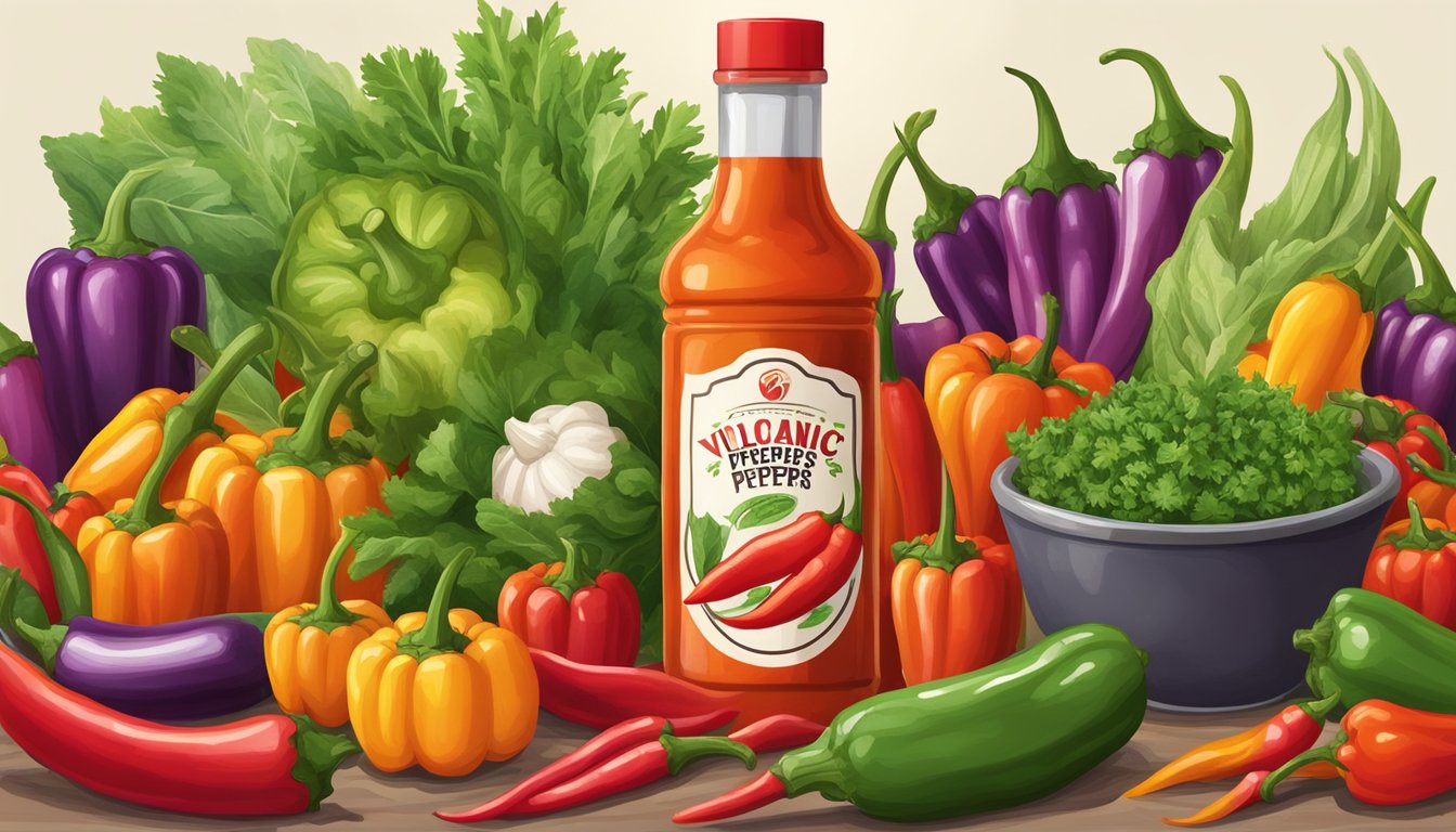 A bottle of Volcanic Peppers hot sauce surrounded by fresh chili peppers and vibrant vegetables