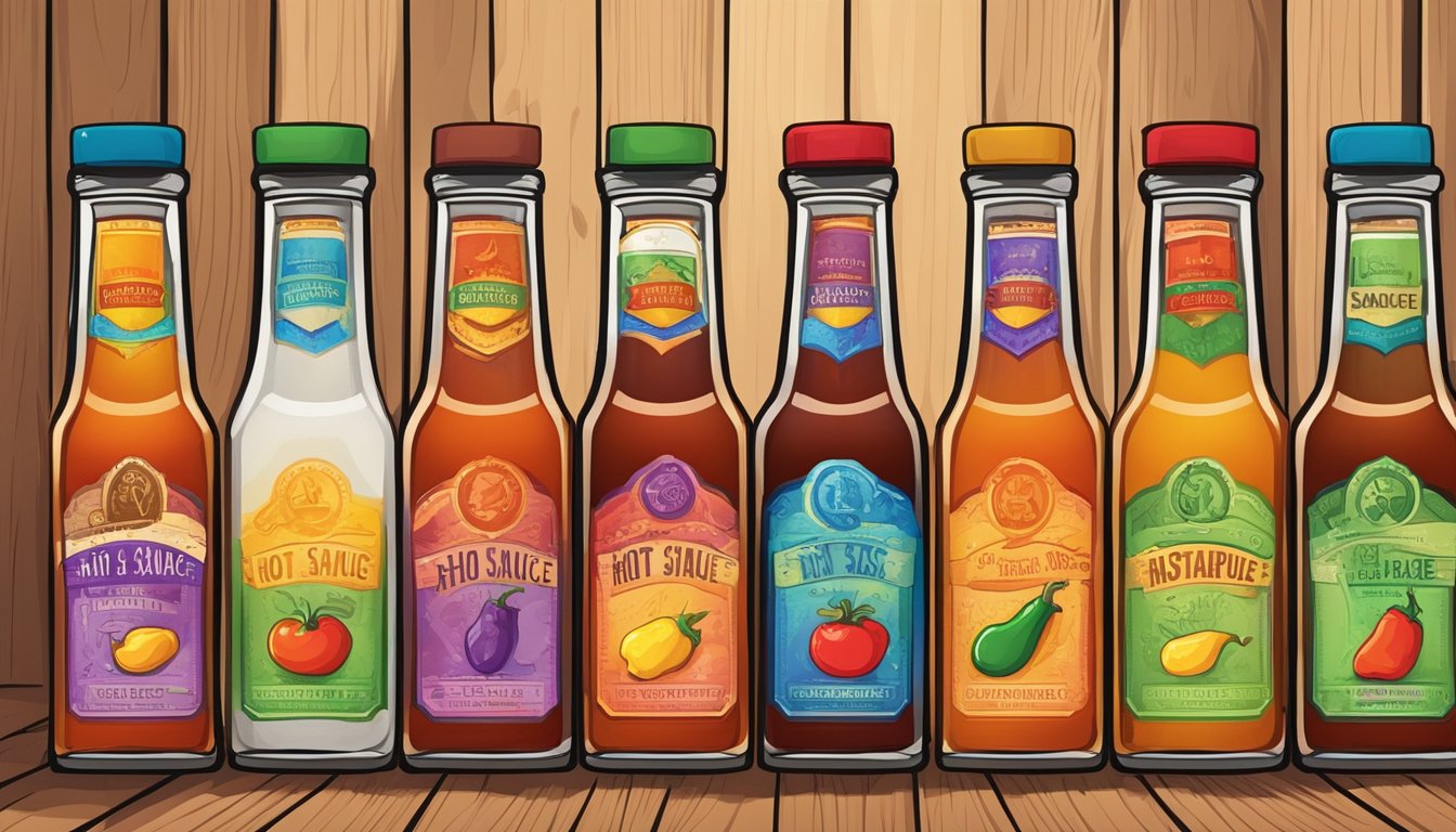 A variety of hot sauce bottles arranged on a wooden table with vibrant colors and unique labels. A thermometer with a high reading sits next to the bottles