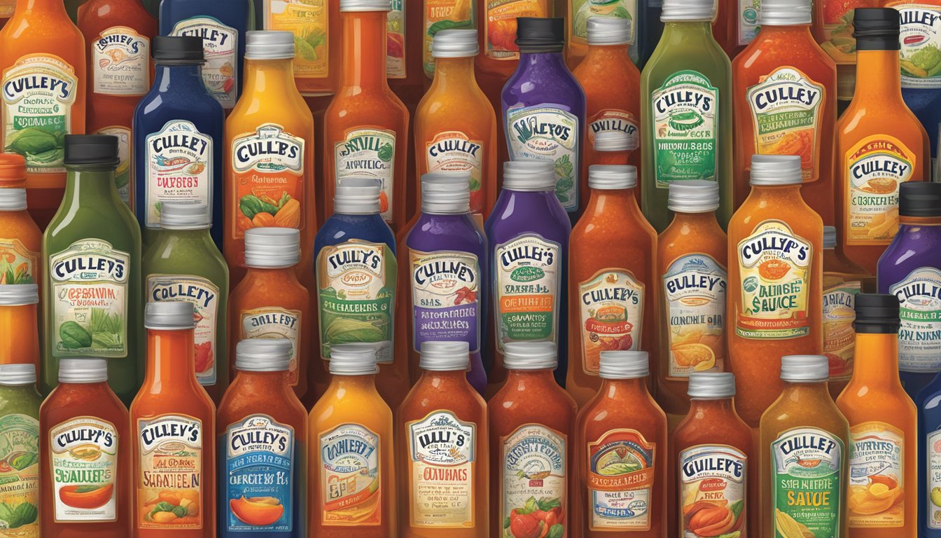 A bottle of Culley's hot sauce surrounded by different flavor variants on a shelf with clear labels indicating availability