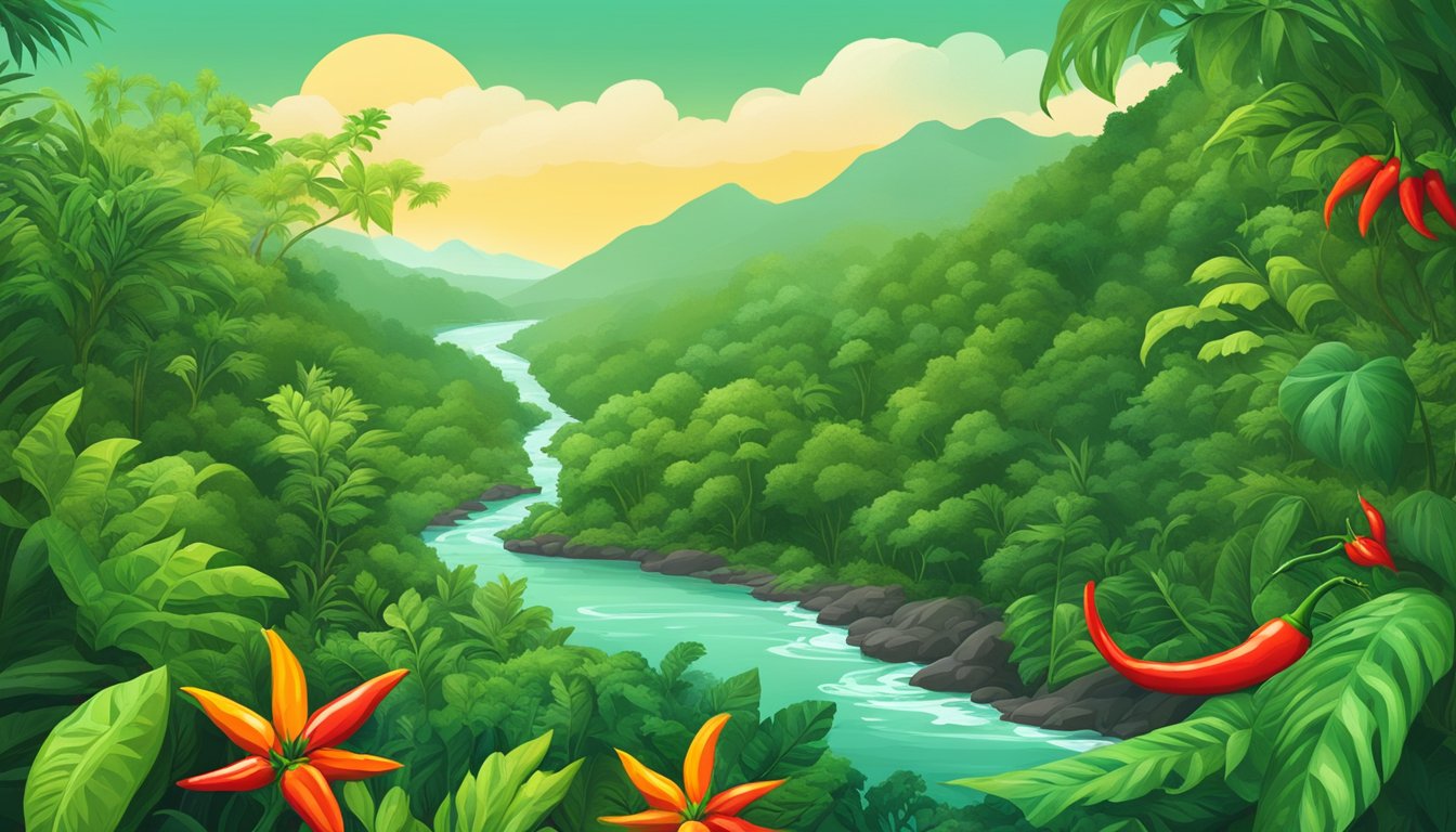 A lush, green rainforest with vibrant, exotic vegetation and a flowing river, showcasing the natural environment and ethical practices of Volcanic Peppers hot sauce