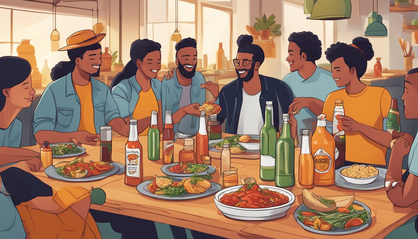 A table with various dishes and bottles of Heatonist hot sauce, surrounded by friends enjoying a meal together