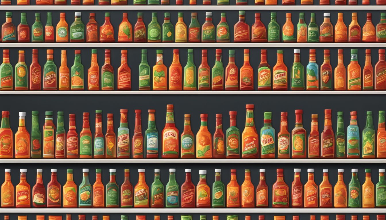 A collection of fiery hot sauce bottles arranged on a sleek, modern display shelf