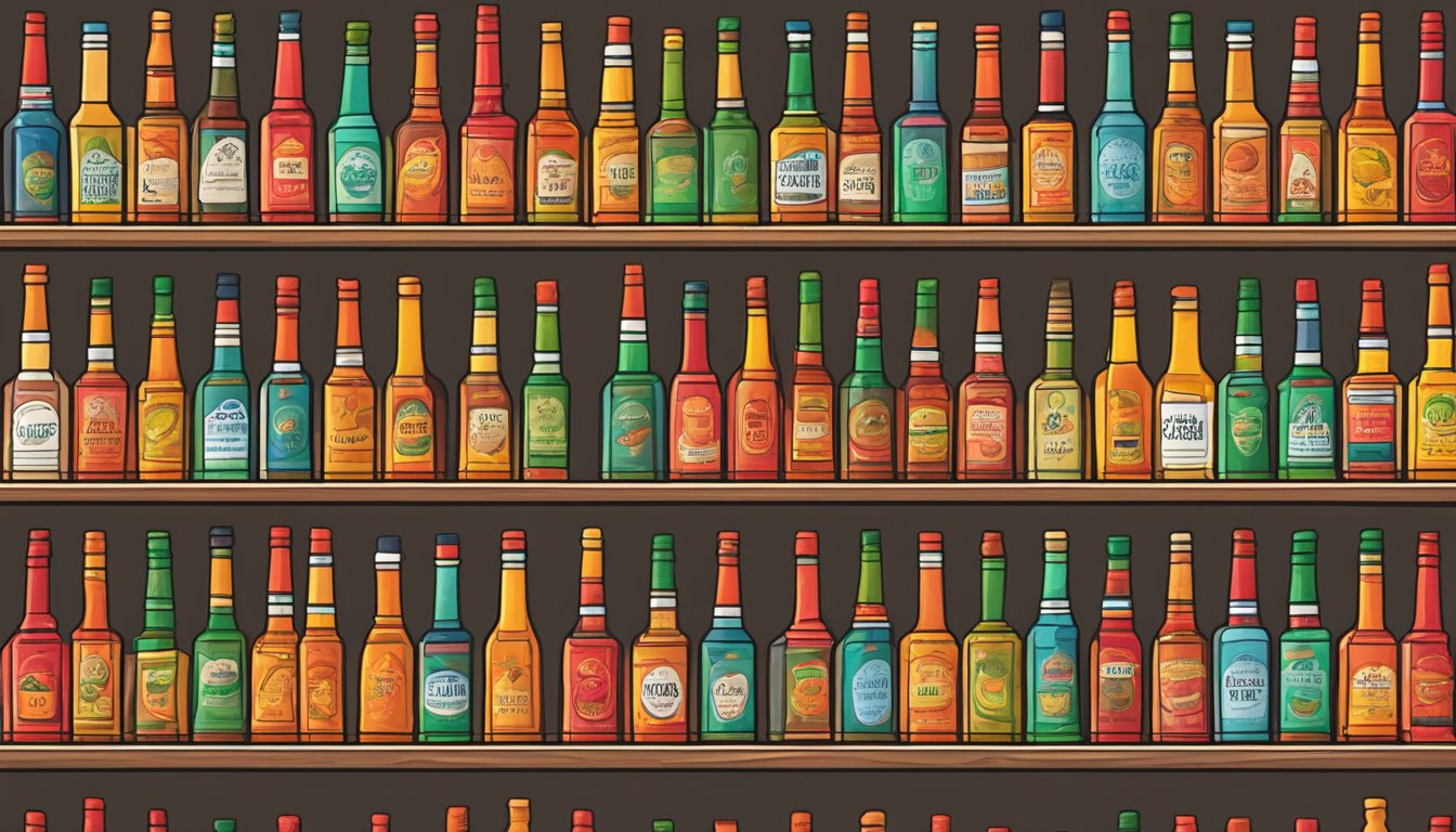 A table with rows of colorful hot sauce bottles, neatly arranged with Heatonist's logo displayed prominently