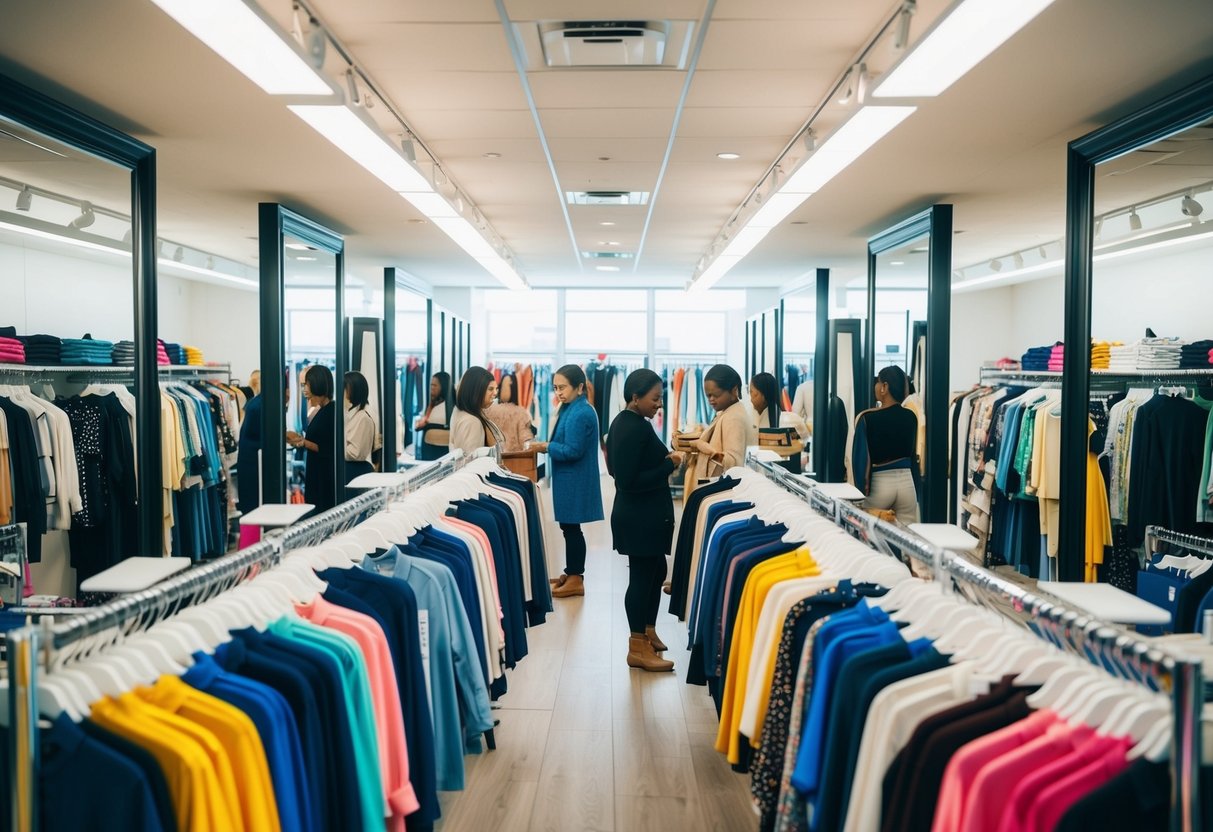 Brightly lit store with racks of colorful, neatly organized clothing. Customers browsing through the aisles, trying on clothes in front of large mirrors