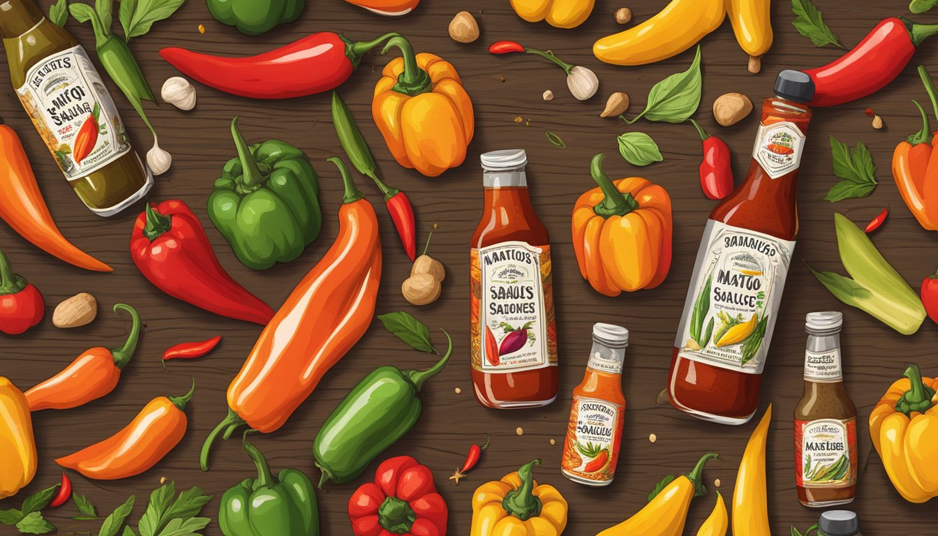 A bottle of Matouk's hot sauce surrounded by colorful peppers and spices on a rustic wooden table