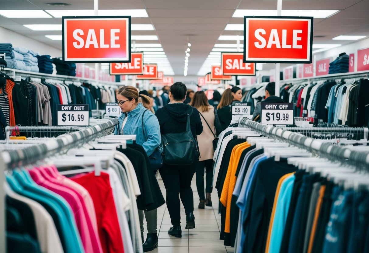 A busy clothing store with racks of discounted items and prominent "sale" signs. Shoppers browse through the aisles, comparing prices and searching for bargains