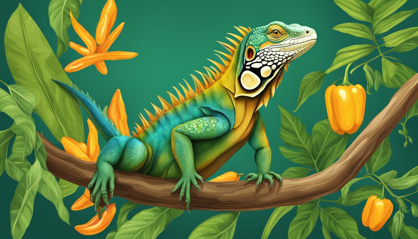 A vibrant iguana perched on a branch, surrounded by tropical foliage and golden hot peppers