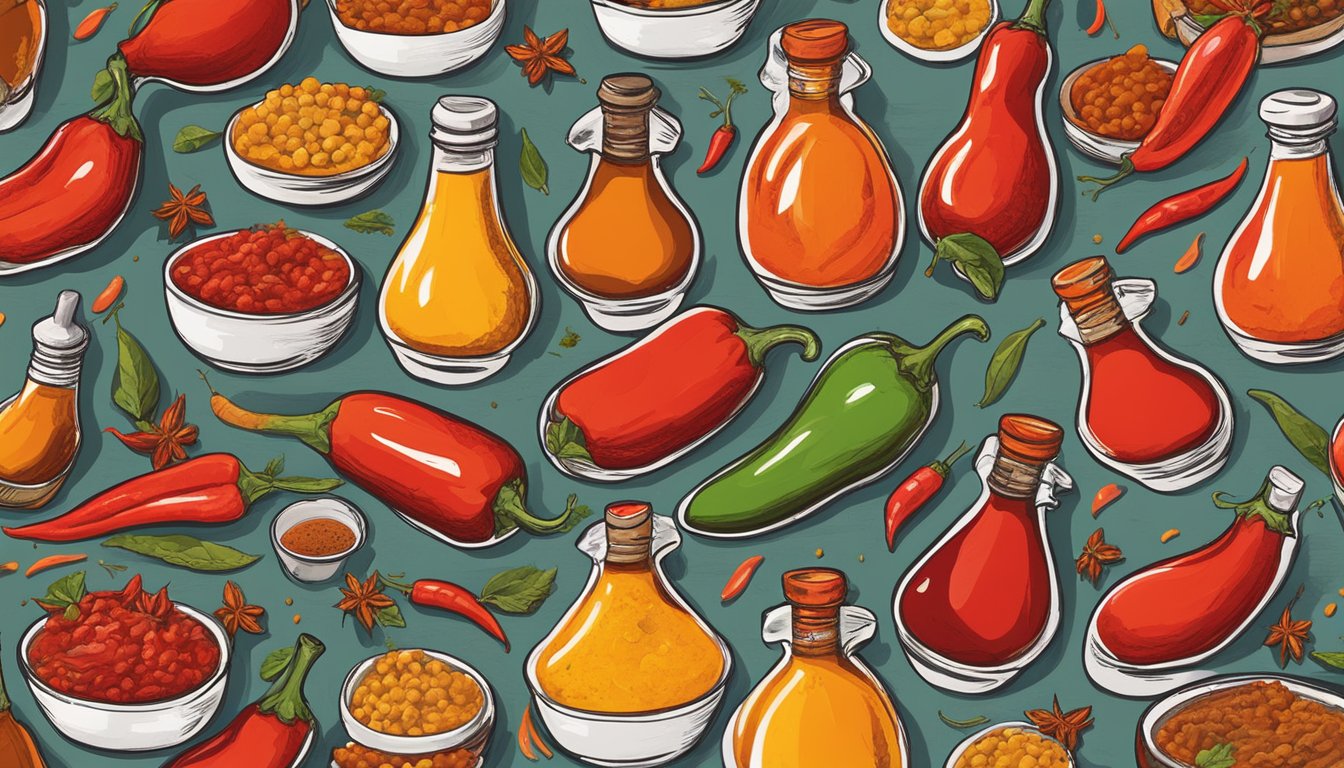 A variety of Matouk's hot sauce bottles arranged on a wooden table with vibrant peppers and spices scattered around them