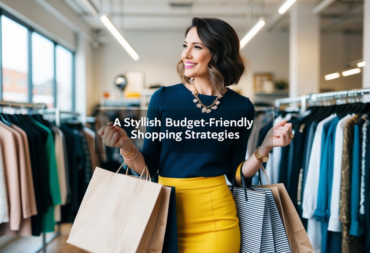 A stylish wardrobe being built with budget-friendly shopping strategies: mixing and matching versatile pieces, hunting for sales, and utilizing thrift stores