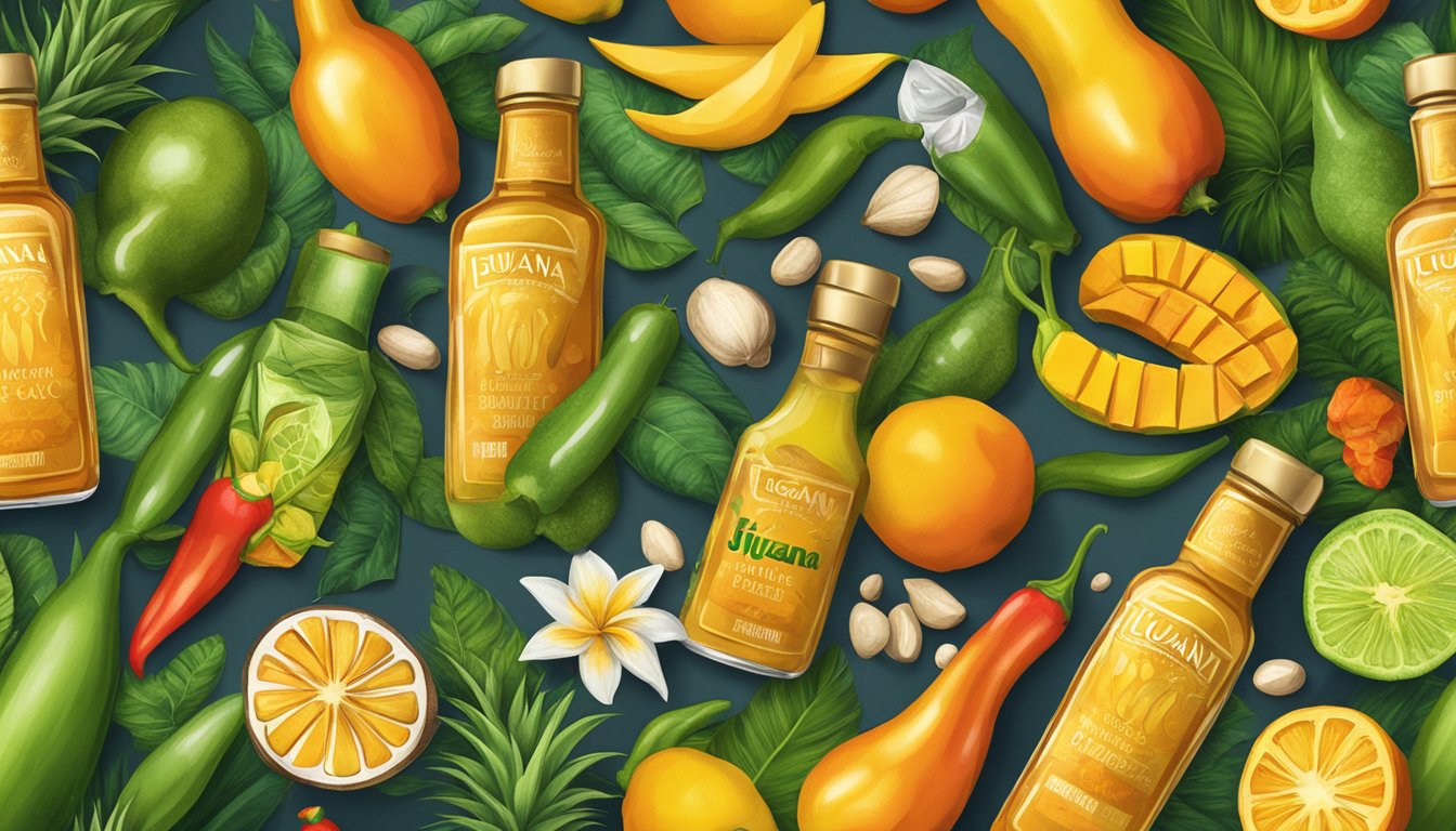 A bottle of Iguana Gold hot sauce surrounded by vibrant, tropical ingredients like mango, pineapple, and habanero peppers