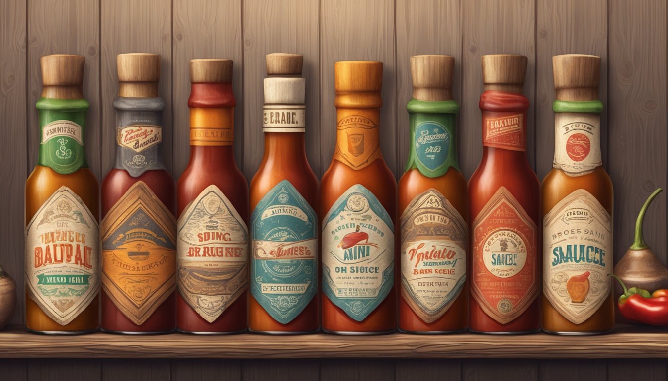 A row of vintage hot sauce bottles on a wooden shelf, with aged labels and varying levels of sauce inside