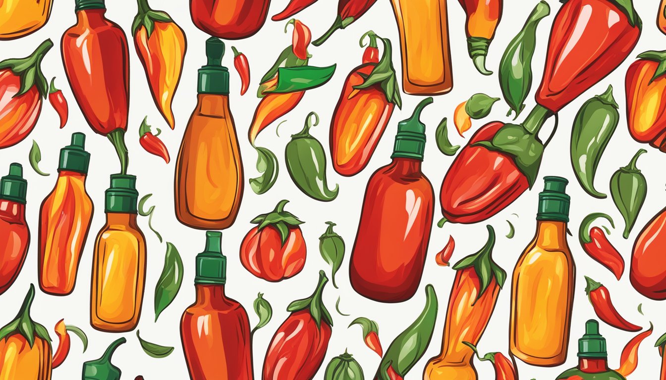 A bottle of Matouk's hot sauce surrounded by vibrant chili peppers and fiery flames