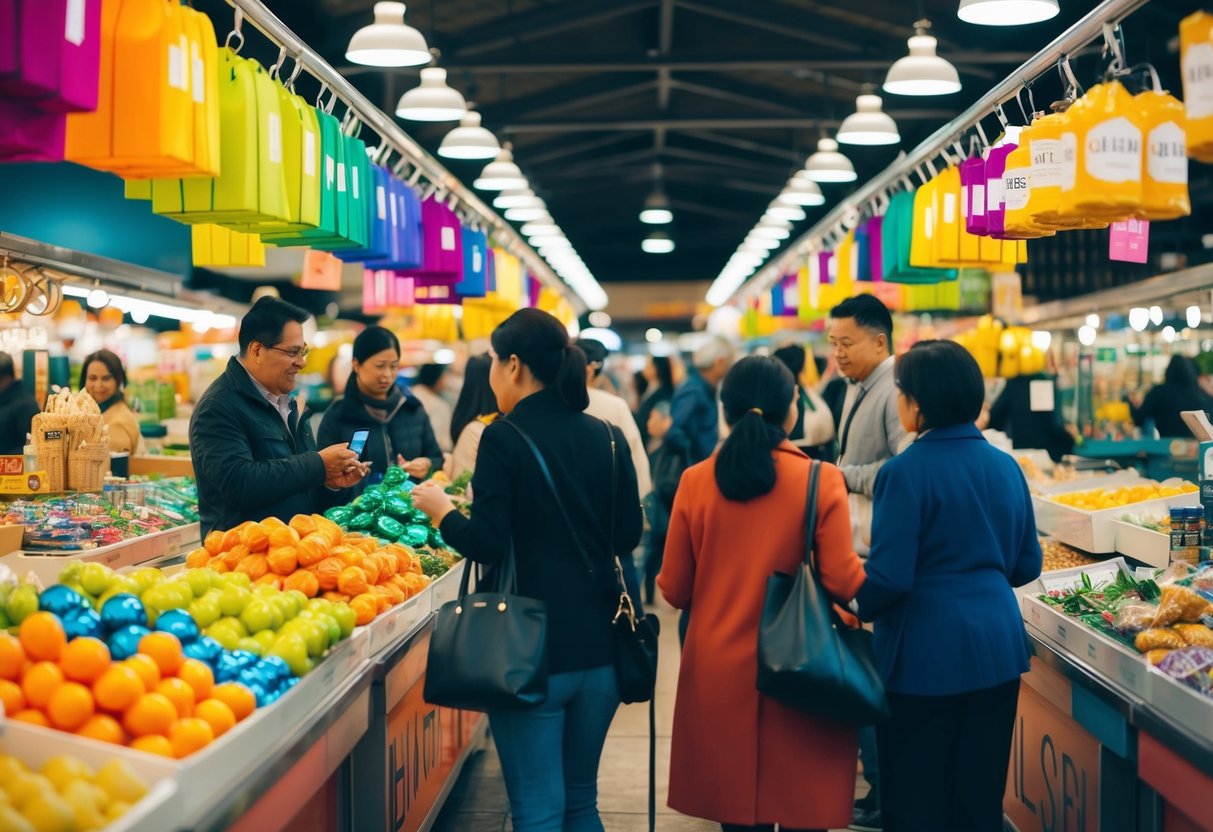 A bustling marketplace with colorful, budget-friendly products displayed next to high-end luxury items. Shoppers compare options while vendors tout their affordable alternatives