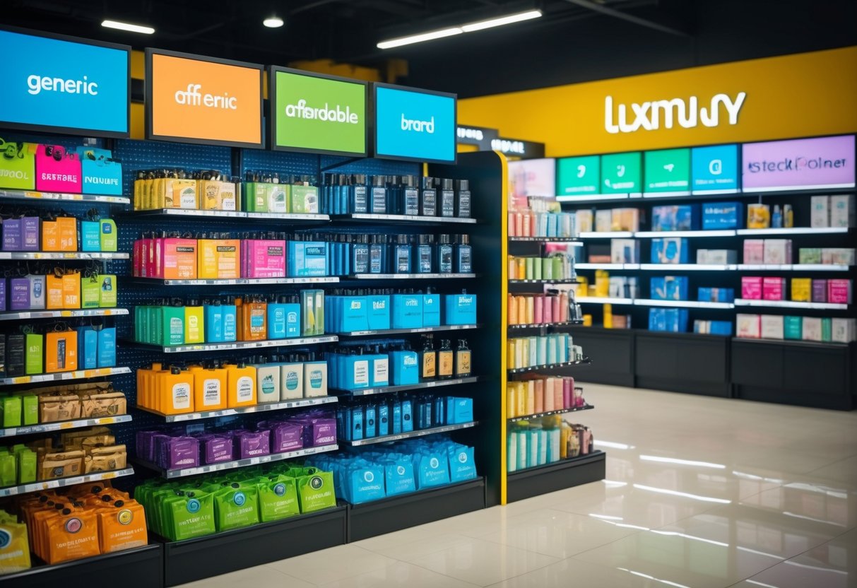 A colorful display of generic and affordable products next to high-end luxury brands in a well-lit, organized store