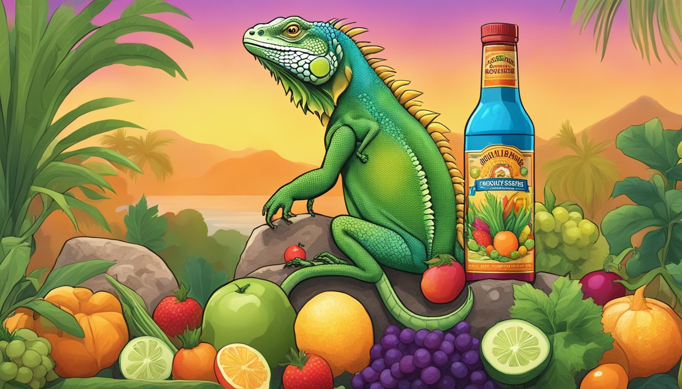 A vibrant iguana perched on a rock, surrounded by colorful fruits and vegetables, with a bottle of Iguana Gold hot sauce in the background