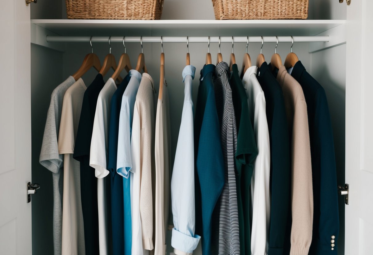 A minimalist closet with basic clothing items neatly organized on hangers and shelves