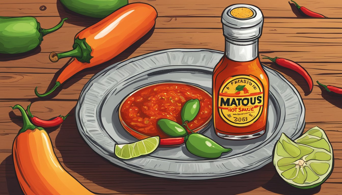 A bottle of Matouk's hot sauce sits on a wooden table surrounded by fresh chili peppers, garlic cloves, and lime slices. A small spoonful of the sauce is drizzled onto a plate, ready for tasting