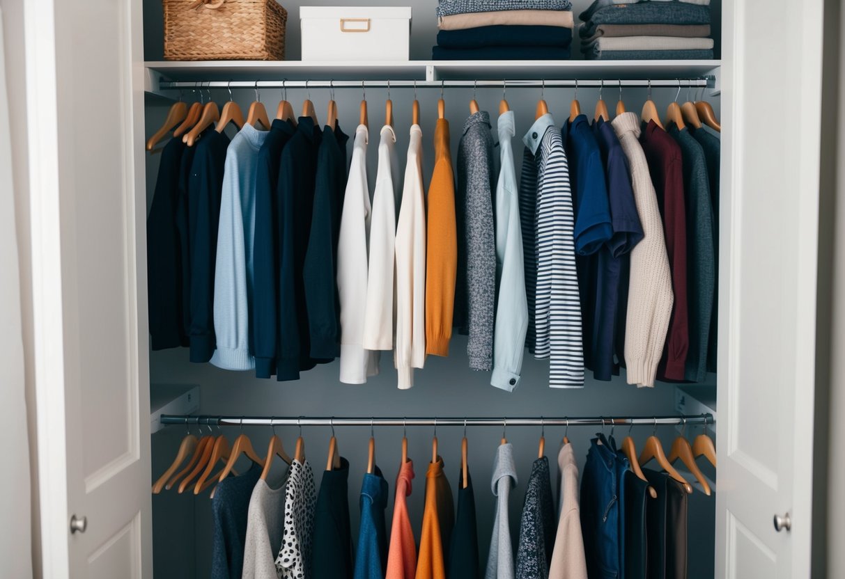 A closet filled with versatile clothing items for different seasons, including basic tops, bottoms, and outerwear