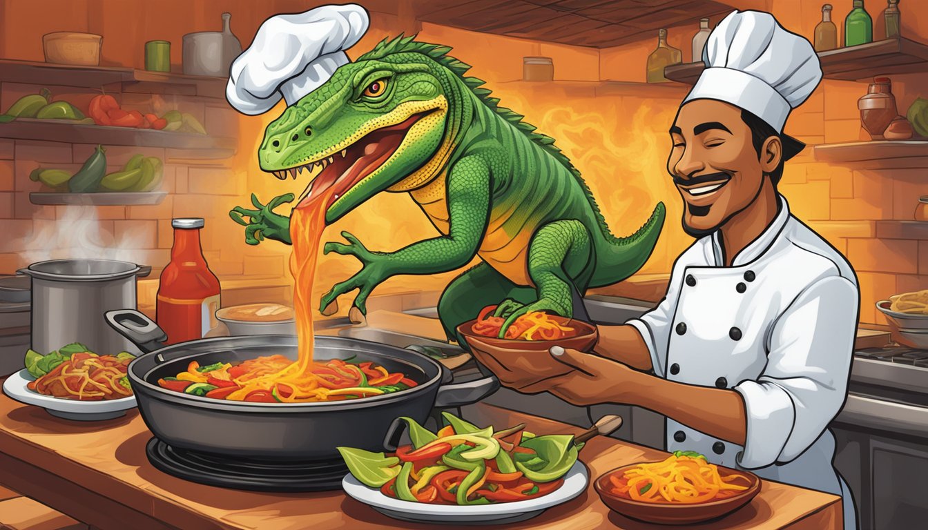 A chef drizzles Iguana Gold hot sauce over a sizzling plate of fajitas. The vibrant red sauce adds a fiery touch to the sizzling dish