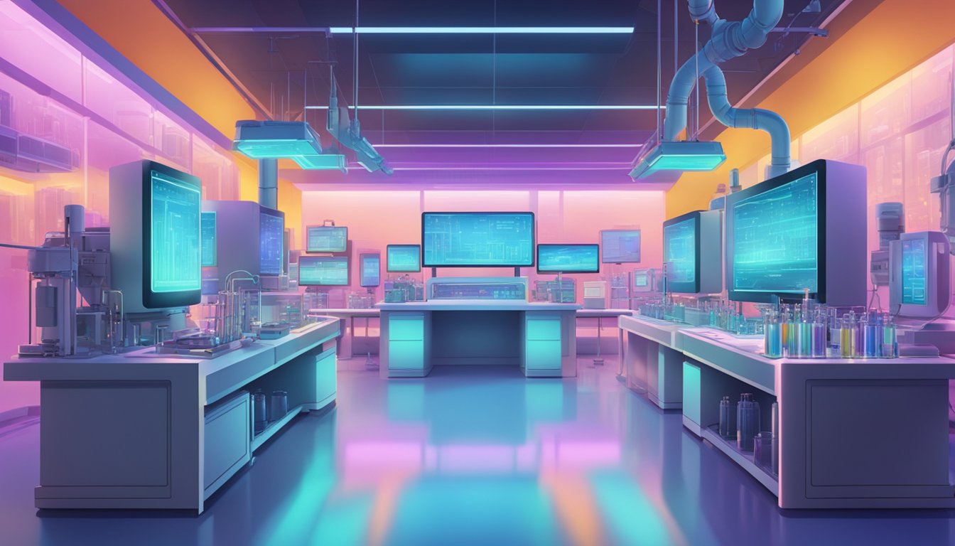 A futuristic lab with glowing vats of colorful liquid, surrounded by high-tech equipment and monitors