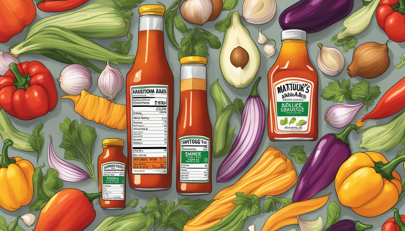 A bottle of Matouk's hot sauce surrounded by fresh ingredients like peppers, onions, and garlic, with a nutrition label displayed prominently