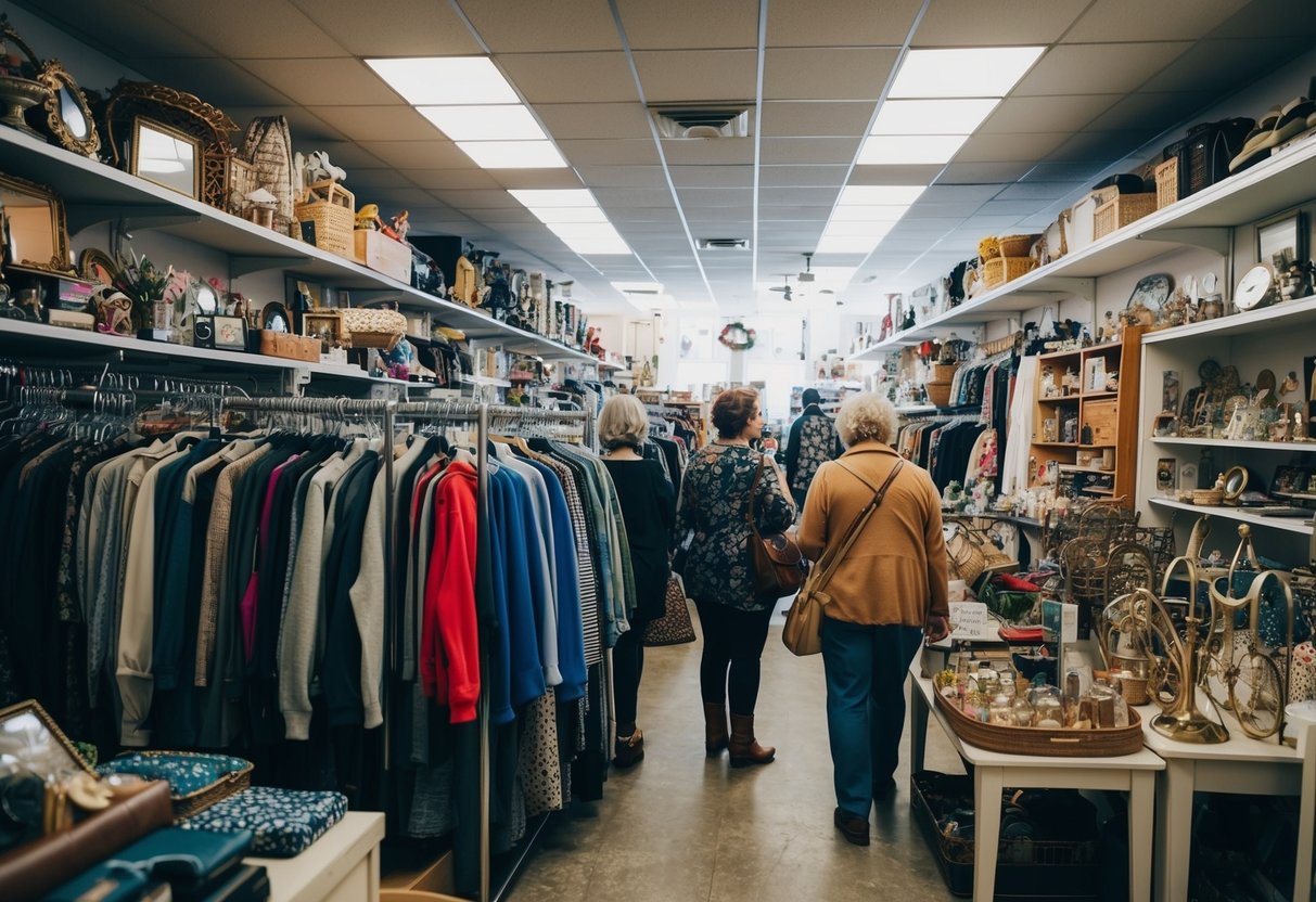 A cluttered thrift store with racks of clothing, shelves of knick-knacks, and tables of accessories. Shoppers browse through the eclectic mix of items