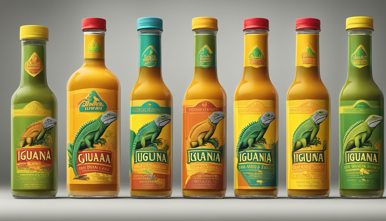 A bottle of Iguana Gold hot sauce stands among a lineup of other hot sauce bottles, with its vibrant yellow label catching the eye