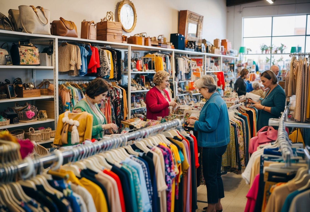 A colorful array of vintage clothing, accessories, and home goods fill the shelves and racks of a bustling thrift store. Shoppers carefully sift through the items, searching for unique and high-quality finds