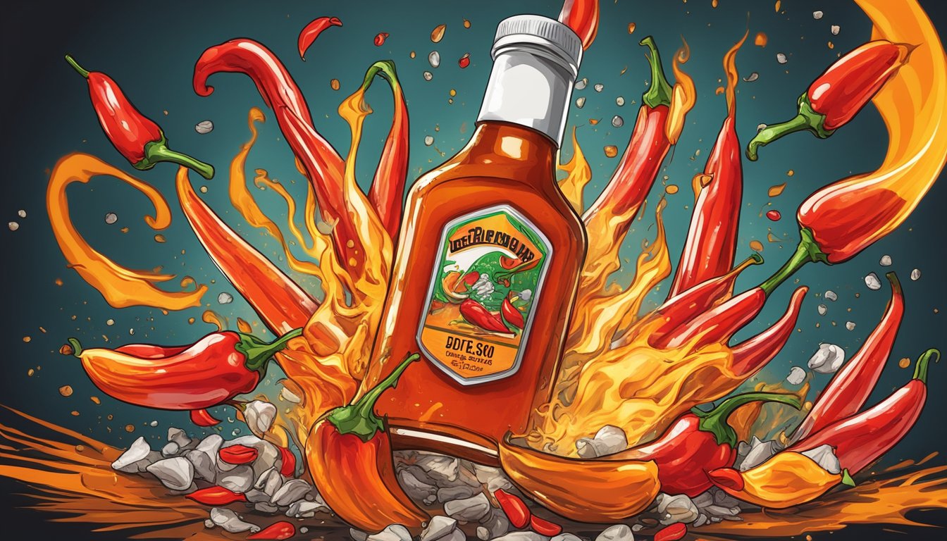 A fiery explosion of chili peppers, garlic, and vinegar swirling around a bottle of Defcon hot sauce