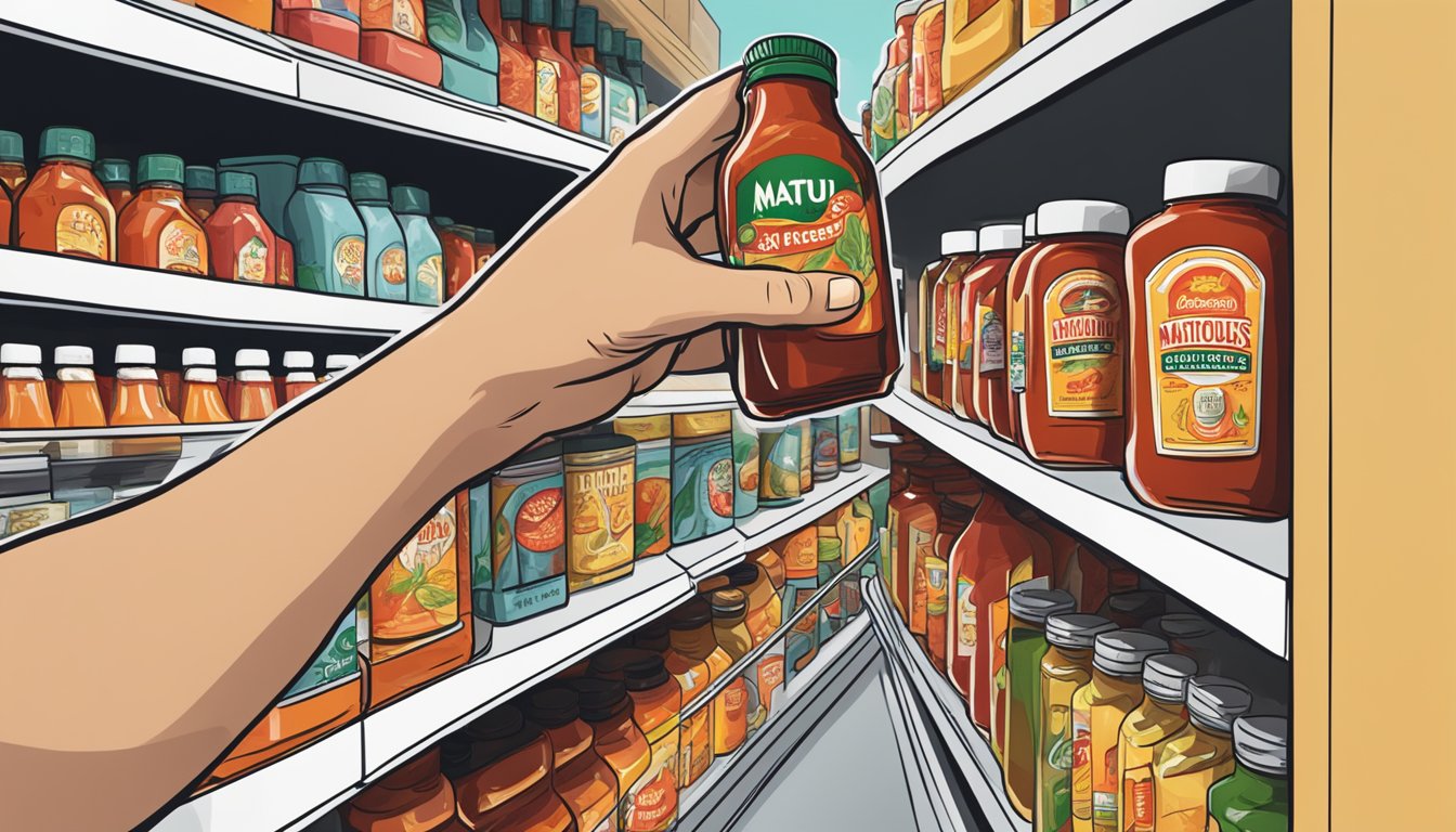 A hand reaching for a bottle of Matouk's hot sauce on a shelf in a grocery store