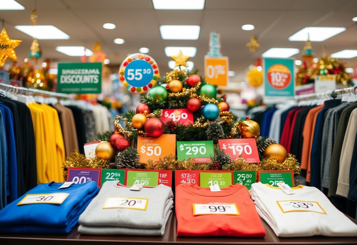 A colorful display of clothing items with price tags, surrounded by seasonal decorations and signs advertising discounts