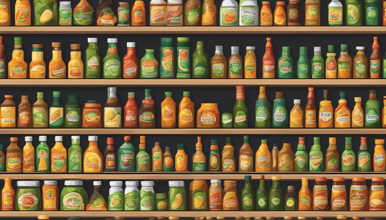 A bottle of Iguana Gold hot sauce sits on a shelf in a grocery store, surrounded by other condiments and sauces