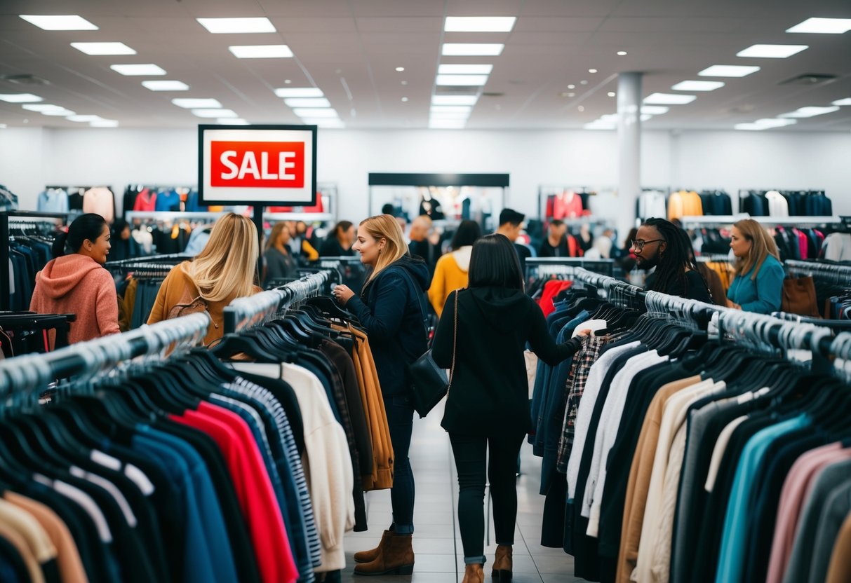 A crowded clothing store with racks of discounted seasonal fashion items. Shoppers browsing through the aisles, and a prominent "Sale" sign displayed