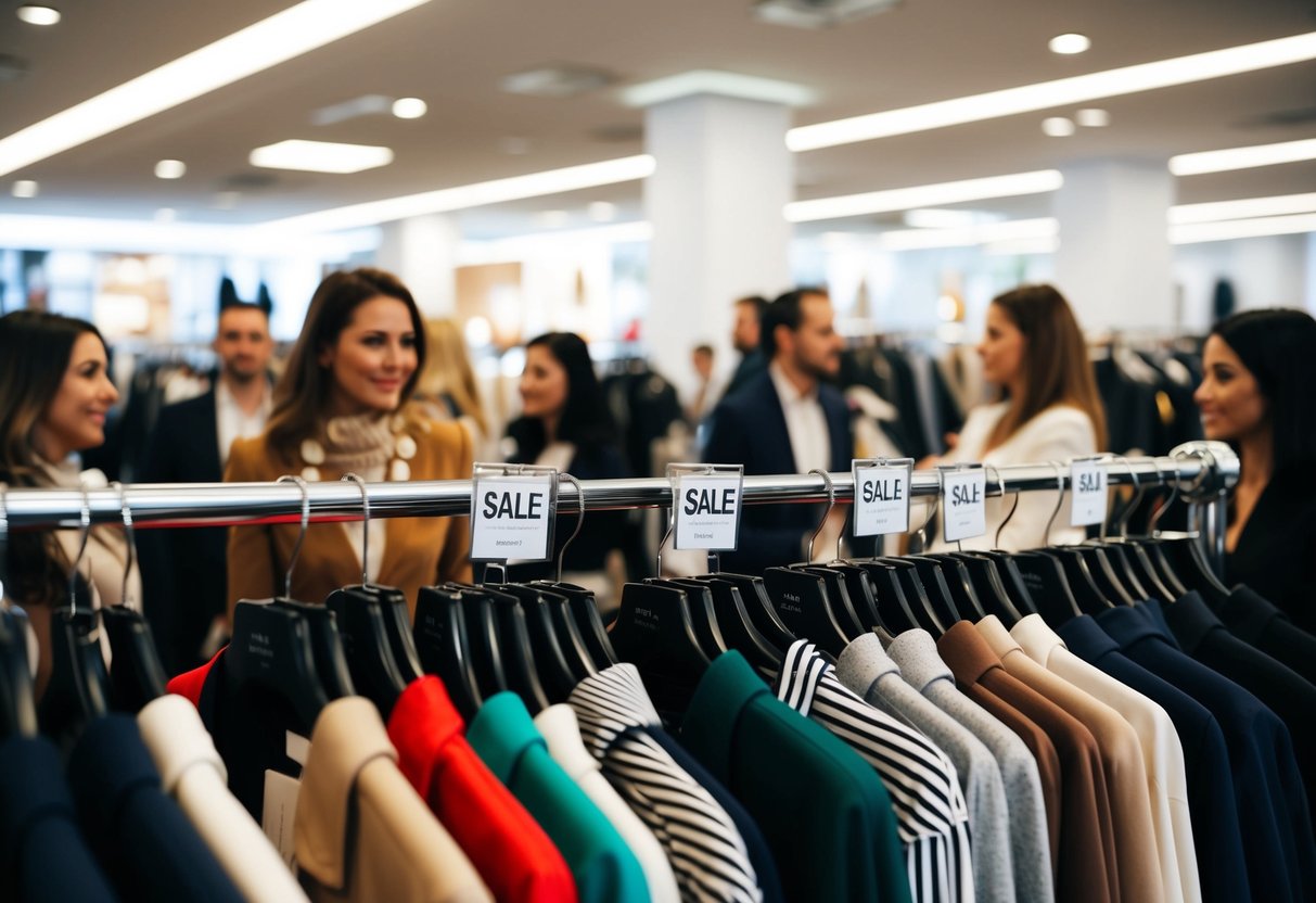 A rack of designer clothes with sale tags, surrounded by eager shoppers