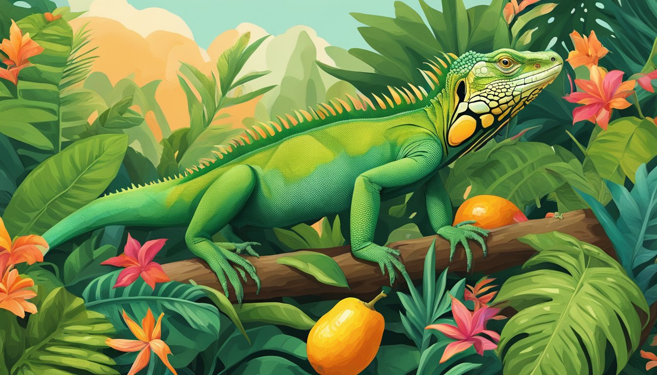 A lush rainforest with an iguana perched on a branch, surrounded by vibrant tropical plants and fruits. The Iguana Gold hot sauce bottle is nestled among the foliage