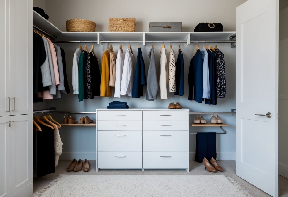 A minimalist closet with versatile, mix-and-match clothing items, neatly organized in a small space