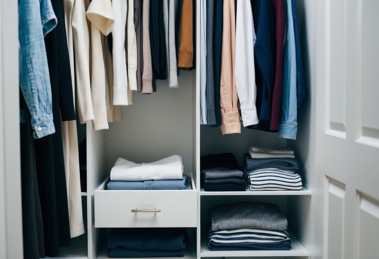 A small closet with neatly organized, versatile clothing items. A few quality pieces on hangers and folded essentials in a drawer