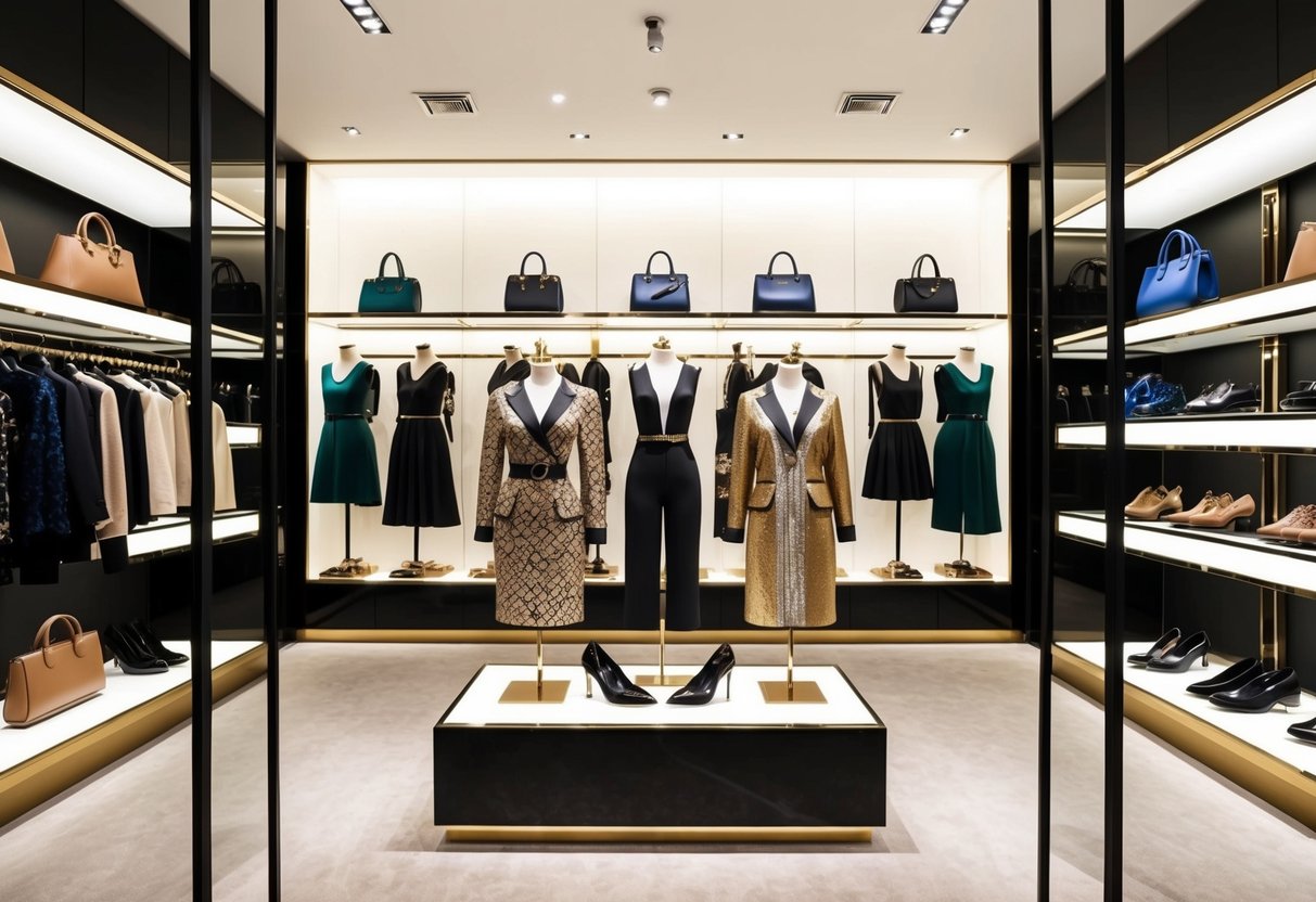 A luxurious store displaying designer clothing and accessories. Mannequins showcase elegant outfits while shelves exhibit high-end handbags and shoes