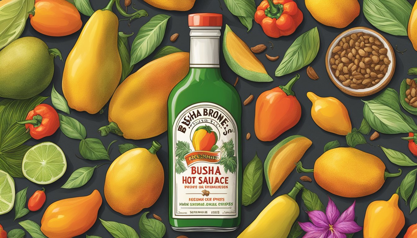 A bottle of Busha Browne's hot sauce surrounded by vibrant, tropical ingredients like scotch bonnet peppers, mangoes, and spices